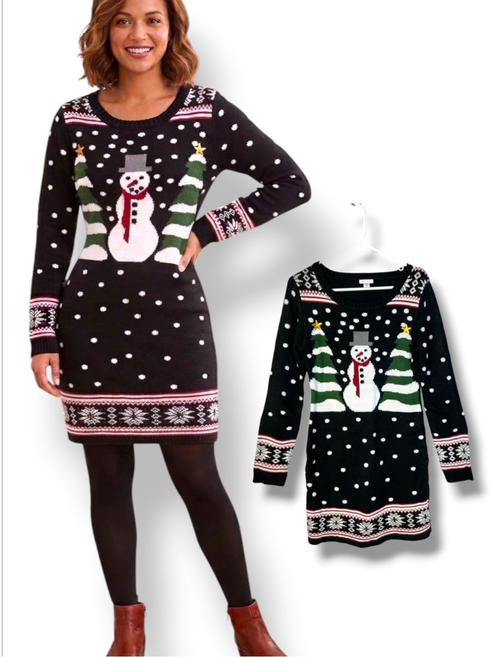 Ugly Christmas Sweater Dress Stretch BodyCon Snowman Gold Star Black Knit Medium